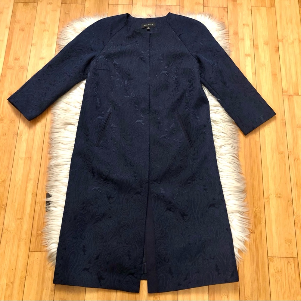 Talbots Jacquard Paisley Textured Preppy Classic Navy Long Trench Coat size 2